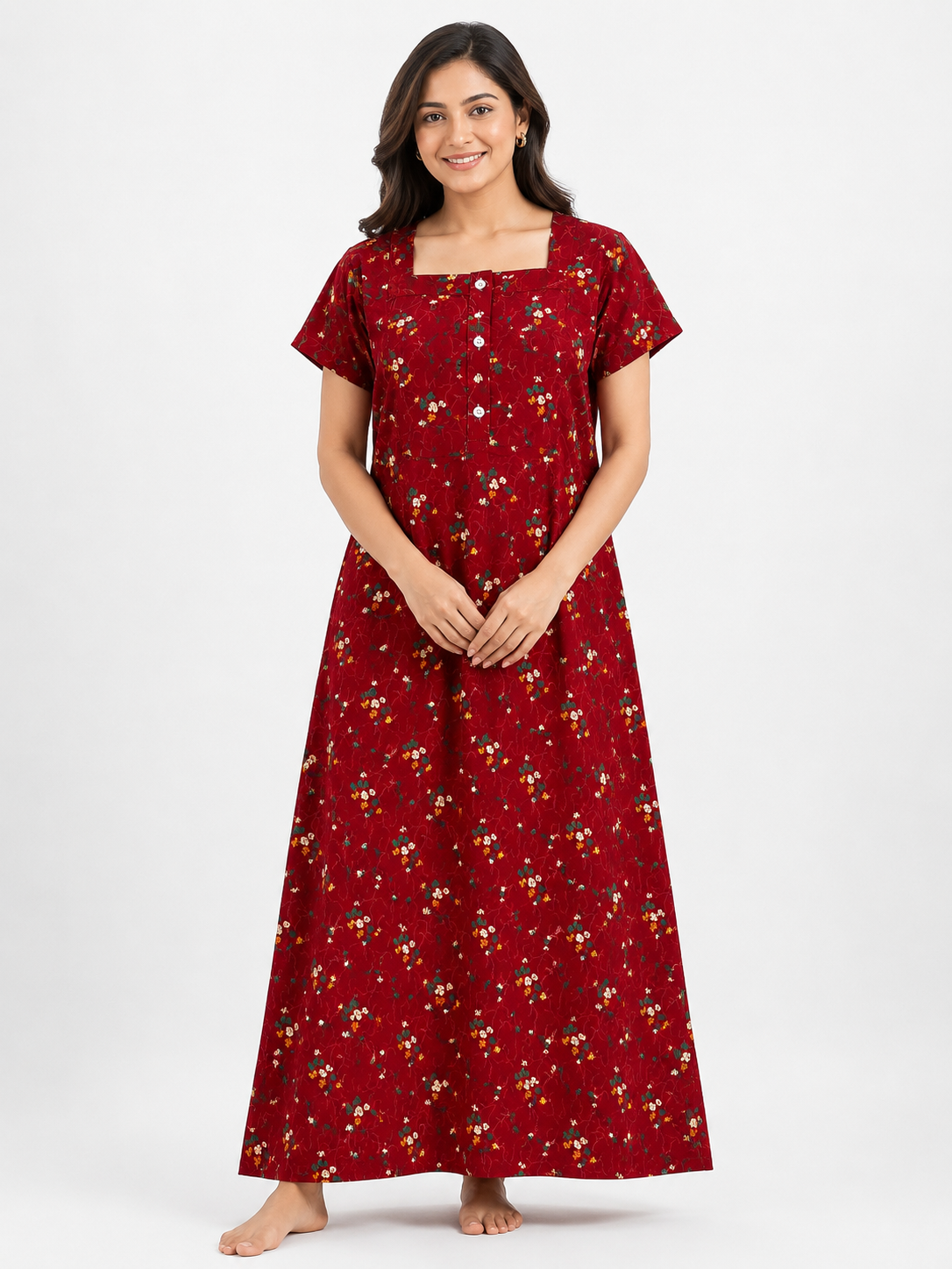 Pure Cotton Half Sleeve Allen Cut Nighty | Red
