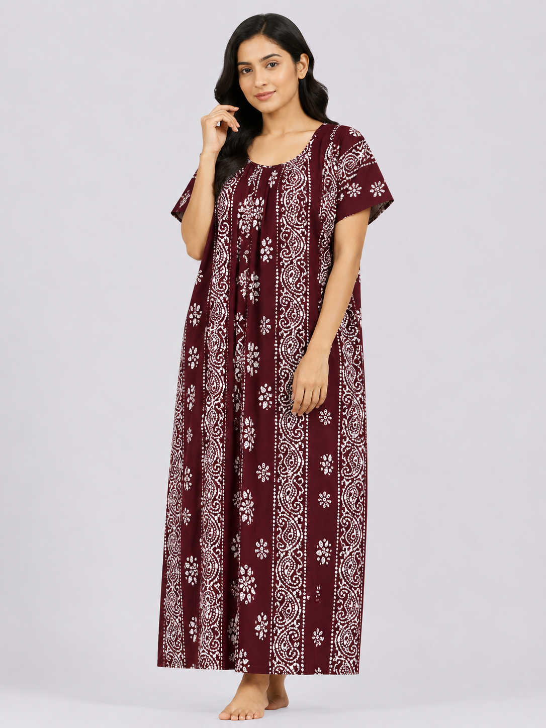Pure Cotton Half Sleeve Nighty | Maroon
