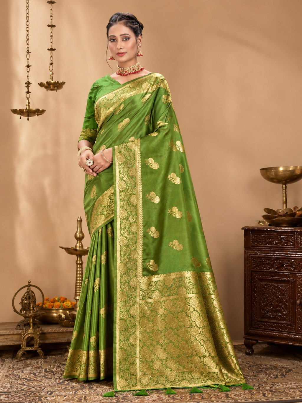 Semi Satin Masru Silk Zariwork Saree| Green
