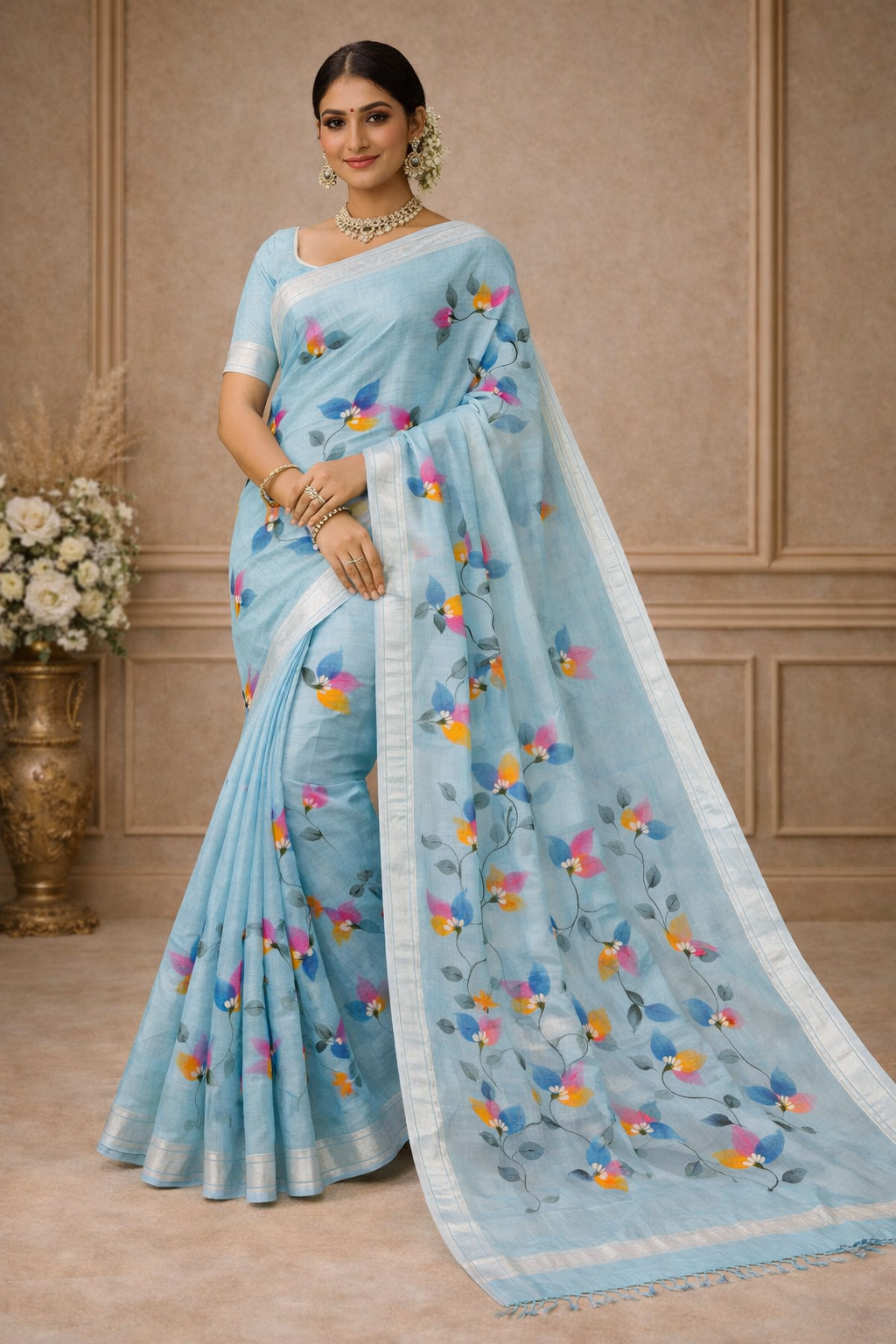 Hand Print Resham Kota Saree| Sky Blue