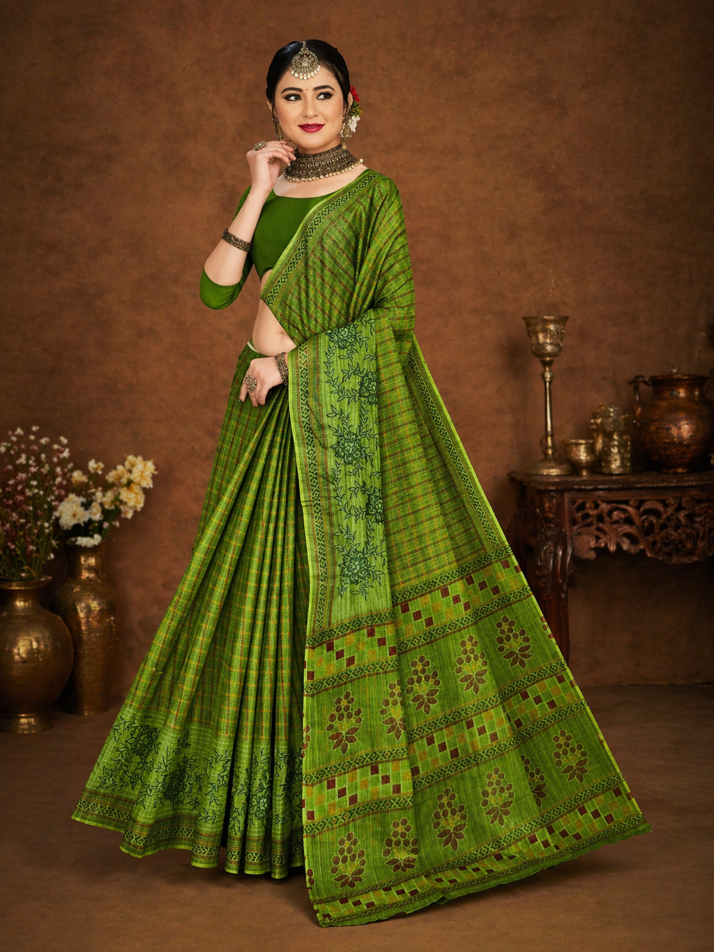Pure Cotton Stitch work Saree| Green