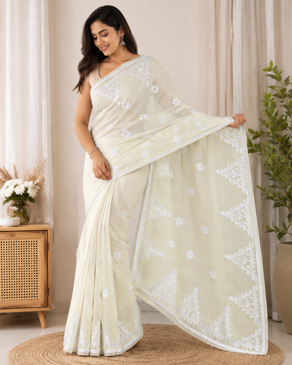 Pure Resham Kota Stitch work Applique  Cotton Saree| White