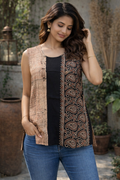 L SIZE |COTTON AJRAK SHORT SLEEVELESS KURTI | Black