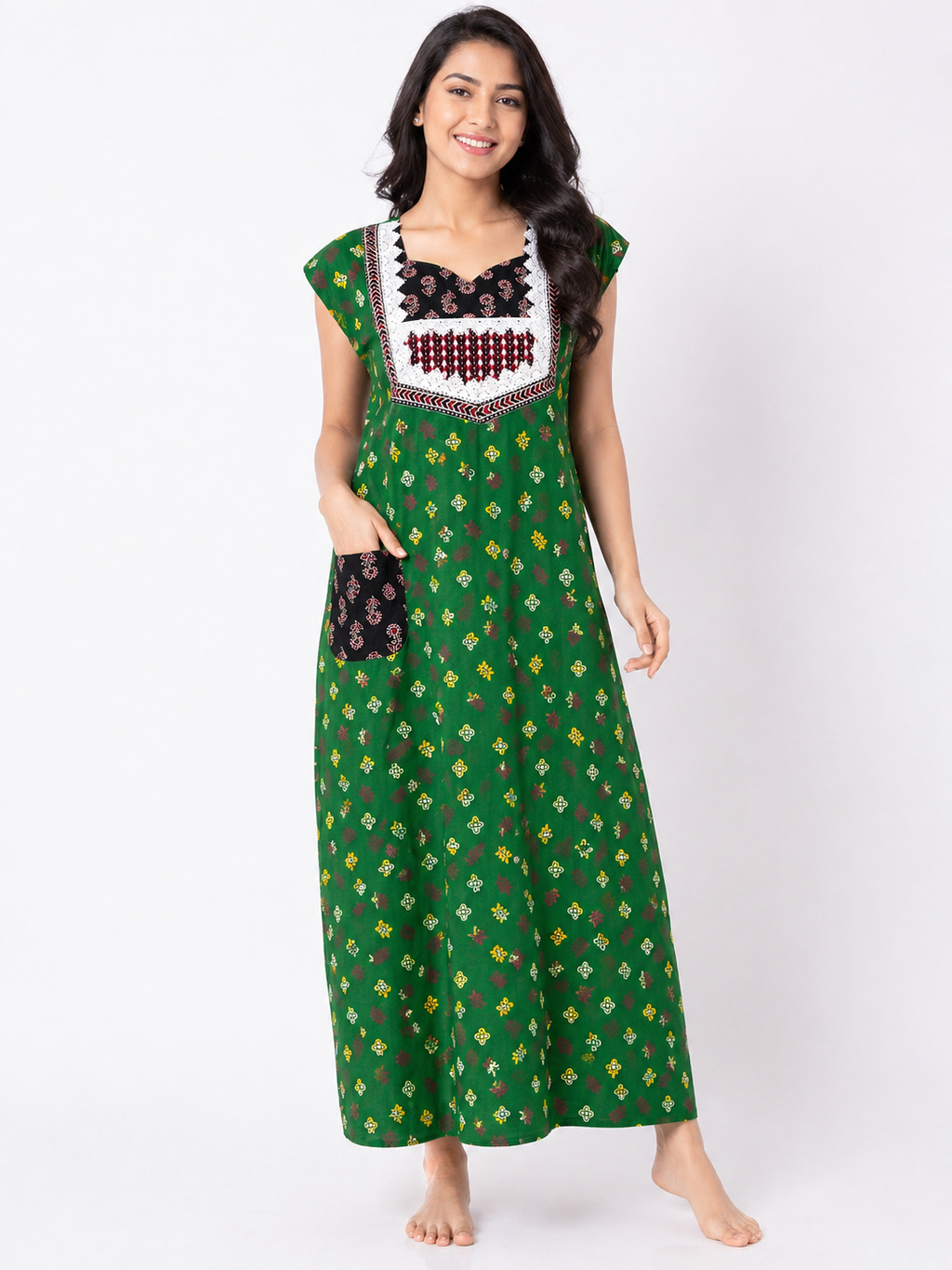 Pure Cotton Sleeveless designer Nighty | Green