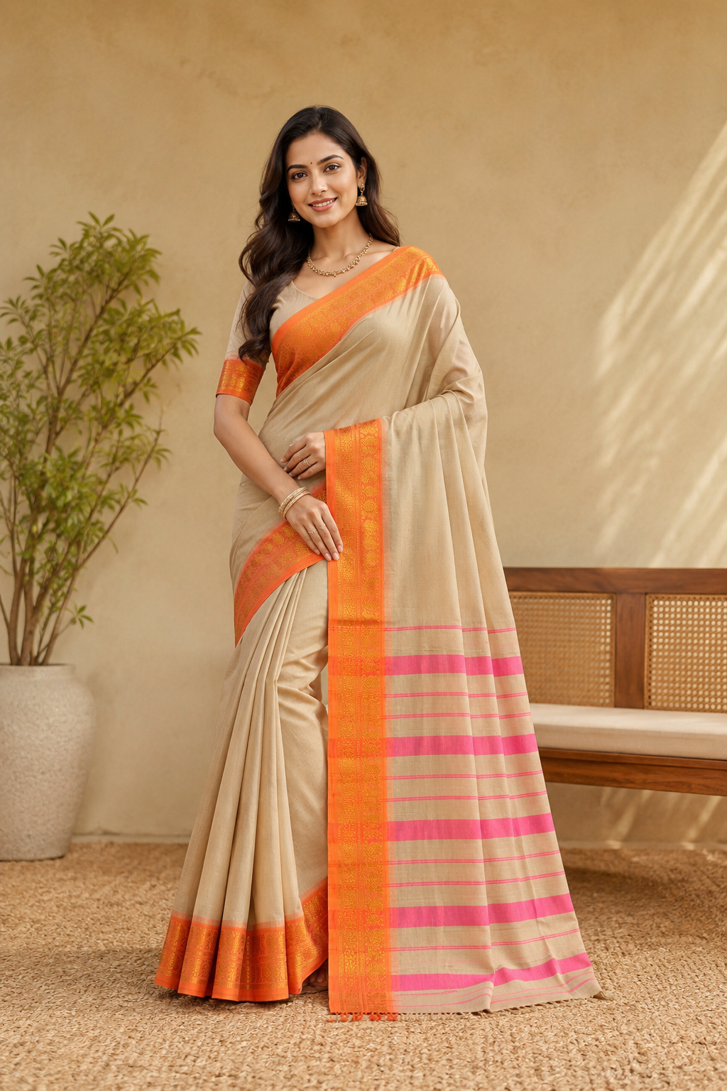Pure Cotton Premium Plain Saree| Beige