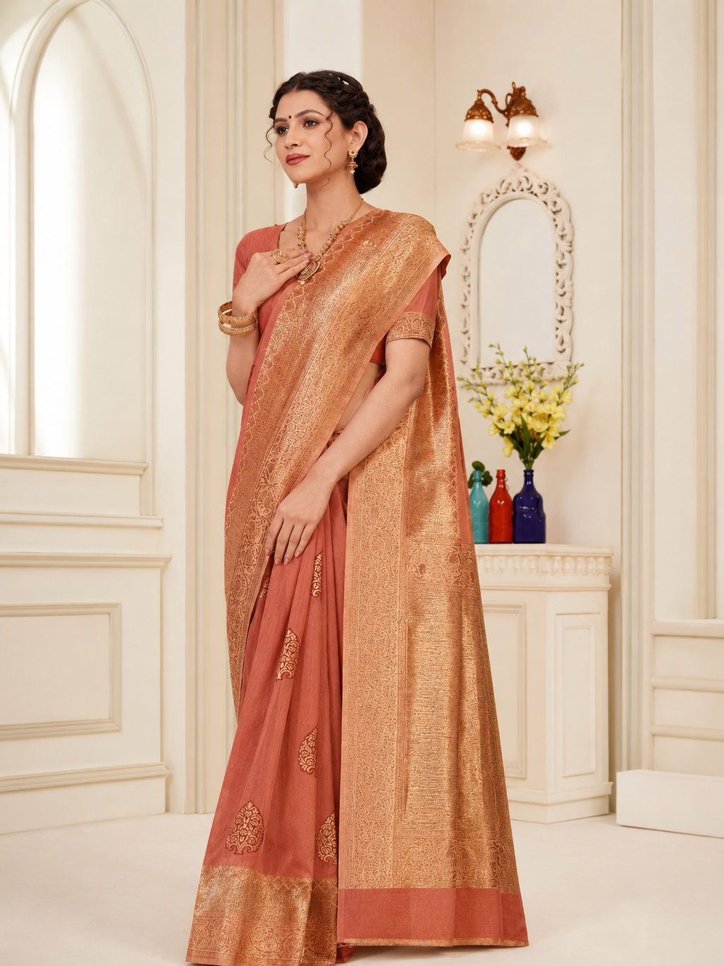 Semi Raw Silk Saree With Zari Work| Peach