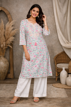 XL Size| Premium Pure Cotton Printed Designer Kurti| White