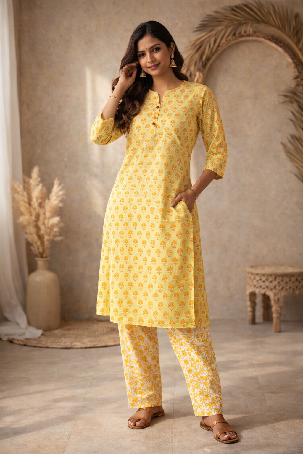 XL SIZE| Premium Cotton 2 Pieces Print Kurti/Salwar Suit| Yellow