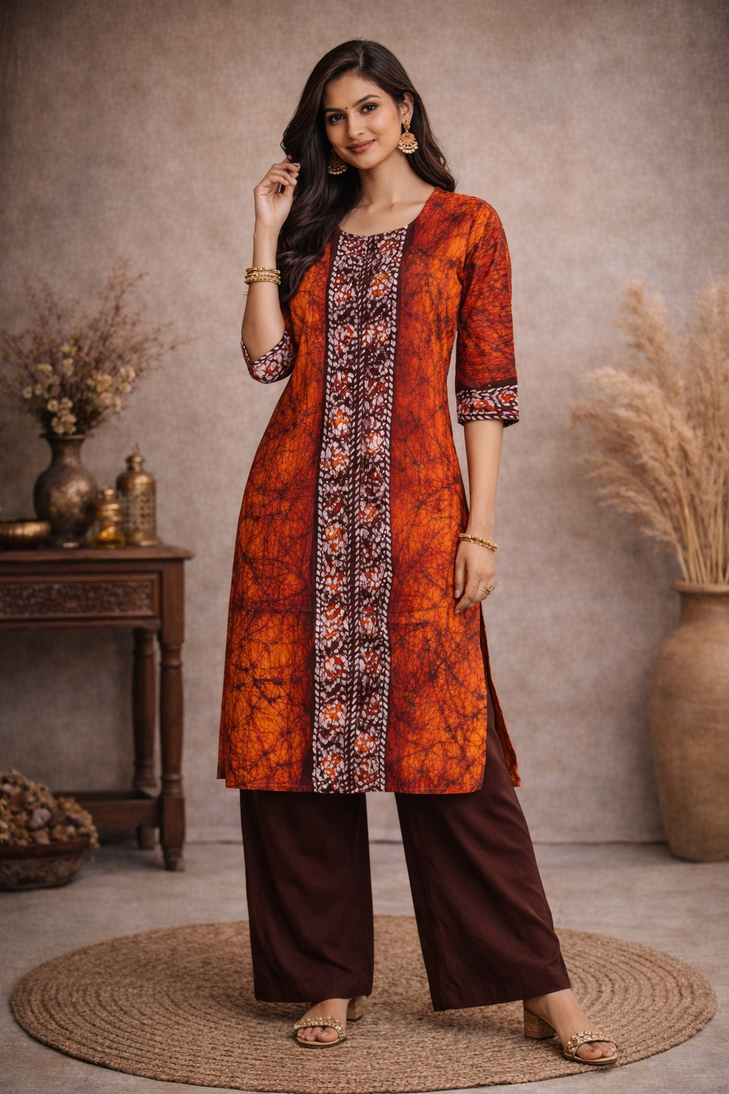XXL Size| Basic Cotton Batik Printed Kurti | Brown