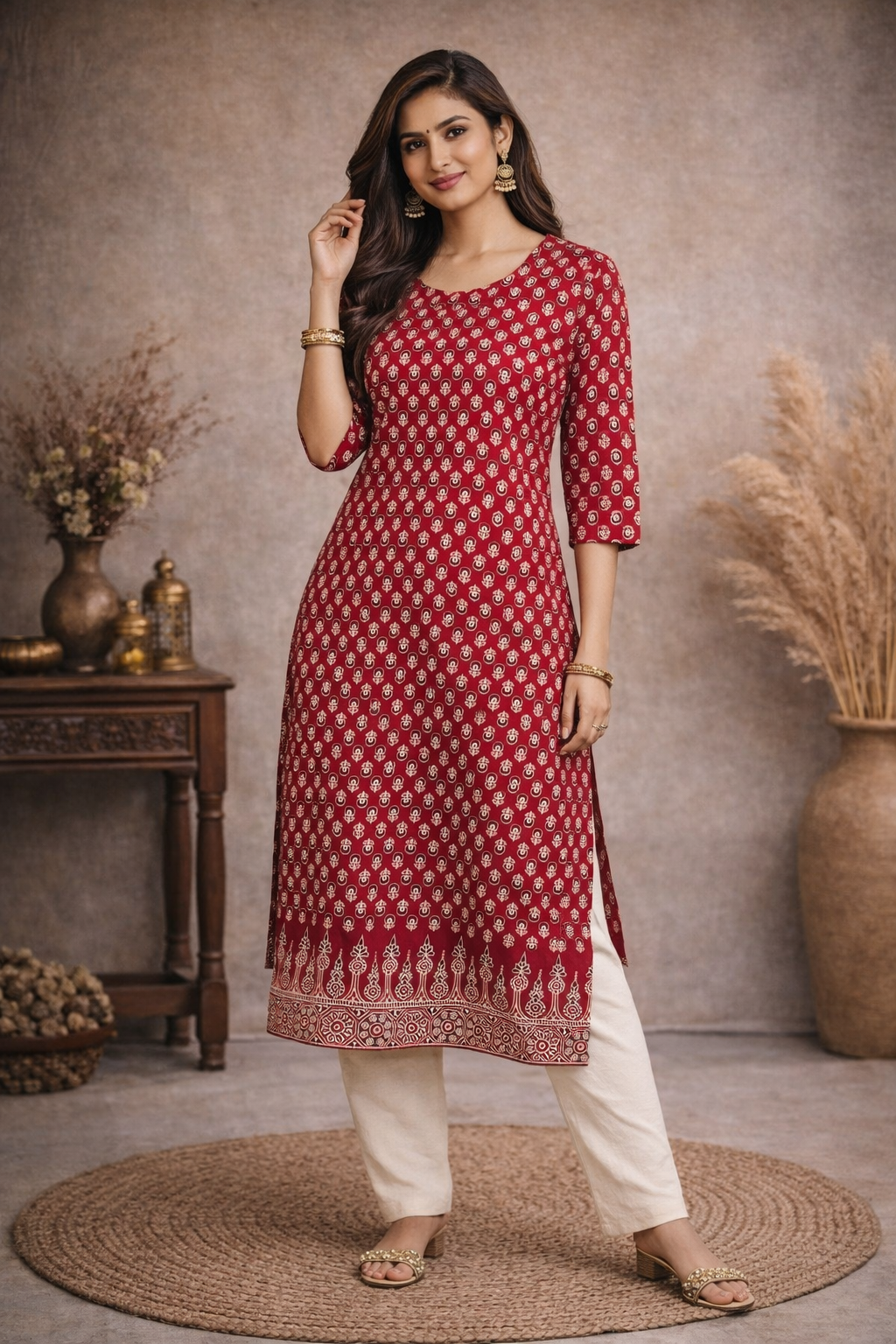 XL Size| Basic Cotton Ajrak Printed Kurti | Red