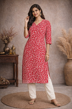3XL Size| Basic Batik Cotton Printed V Neck Kurti | Red