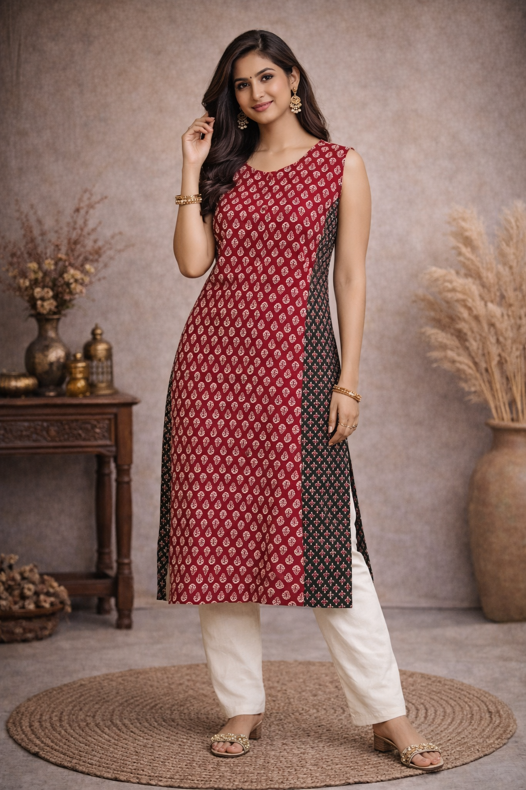 XL Size| Pure Cotton Printed Ajrak Sleeveless Kurti | Red