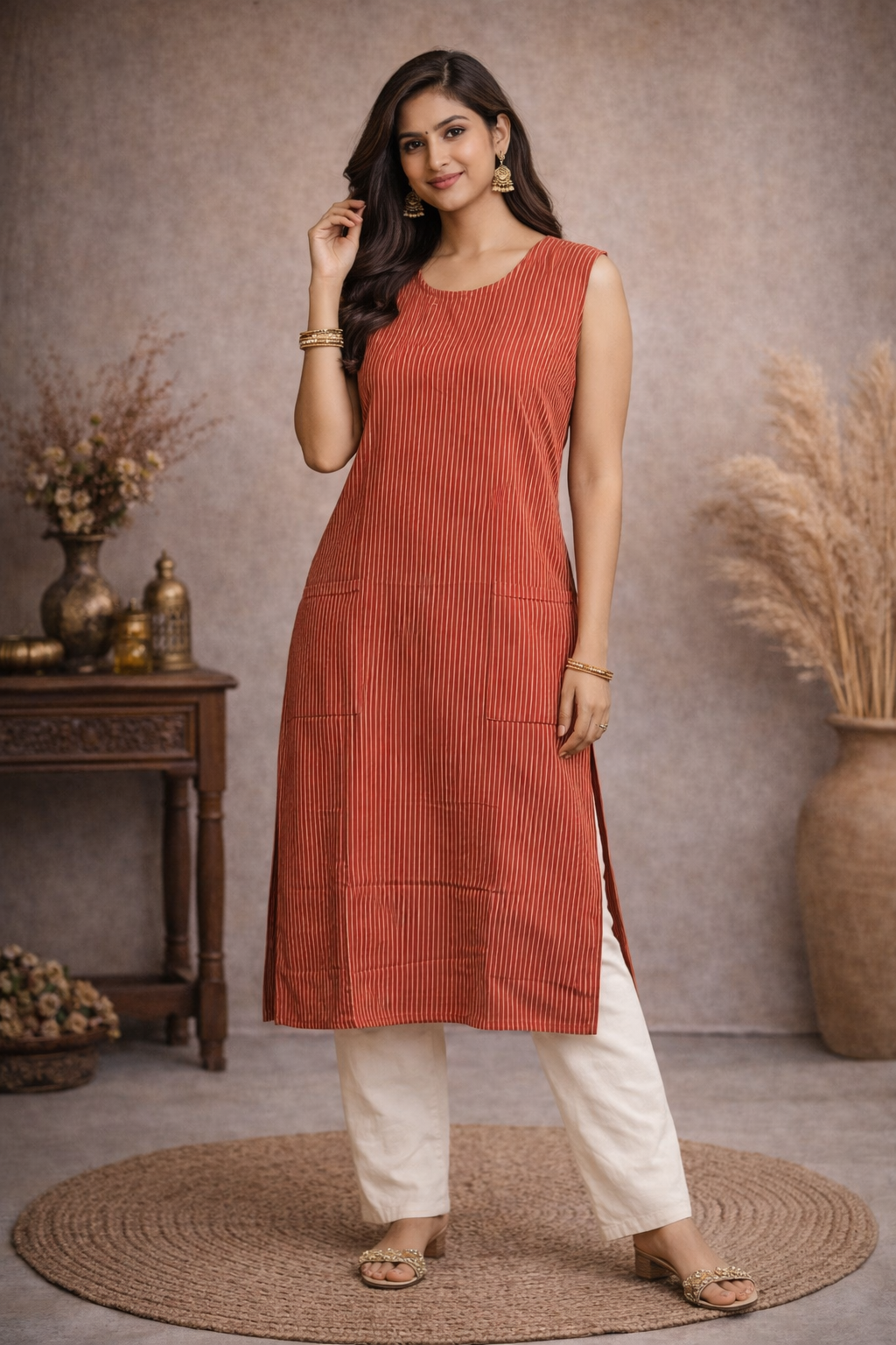XL Size| Pure Cotton Printed Sleeveless Kurti | Red