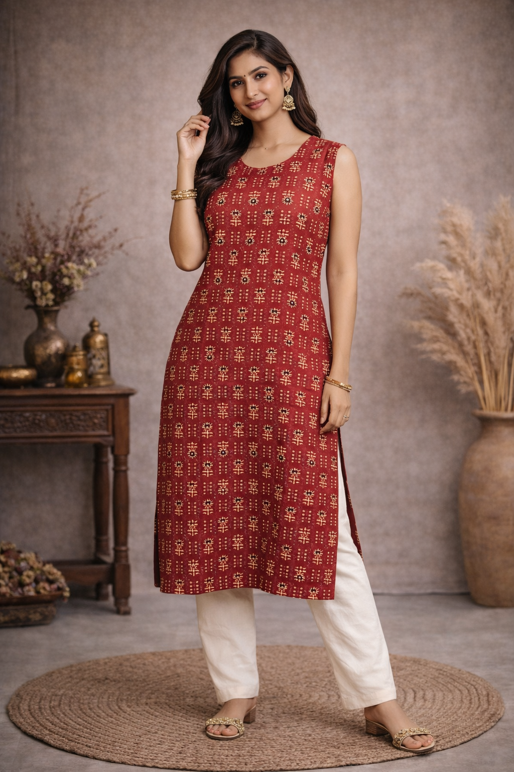 XL Size| Pure Cotton Printed Ajrak Sleeveless Kurti | Red