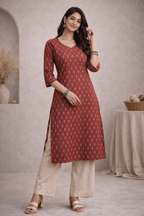 XL Size| Basic Cotton V Neck Printed Kurti | Brown