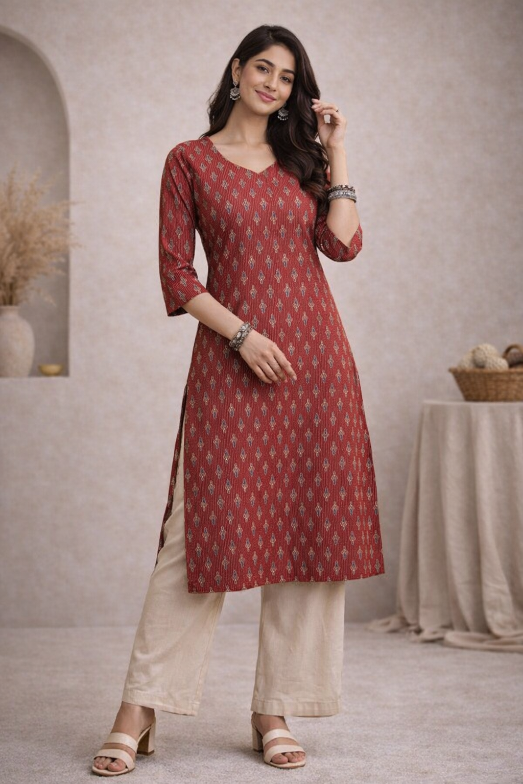 XL Size| Basic Cotton V Neck Printed Kurti | Brown