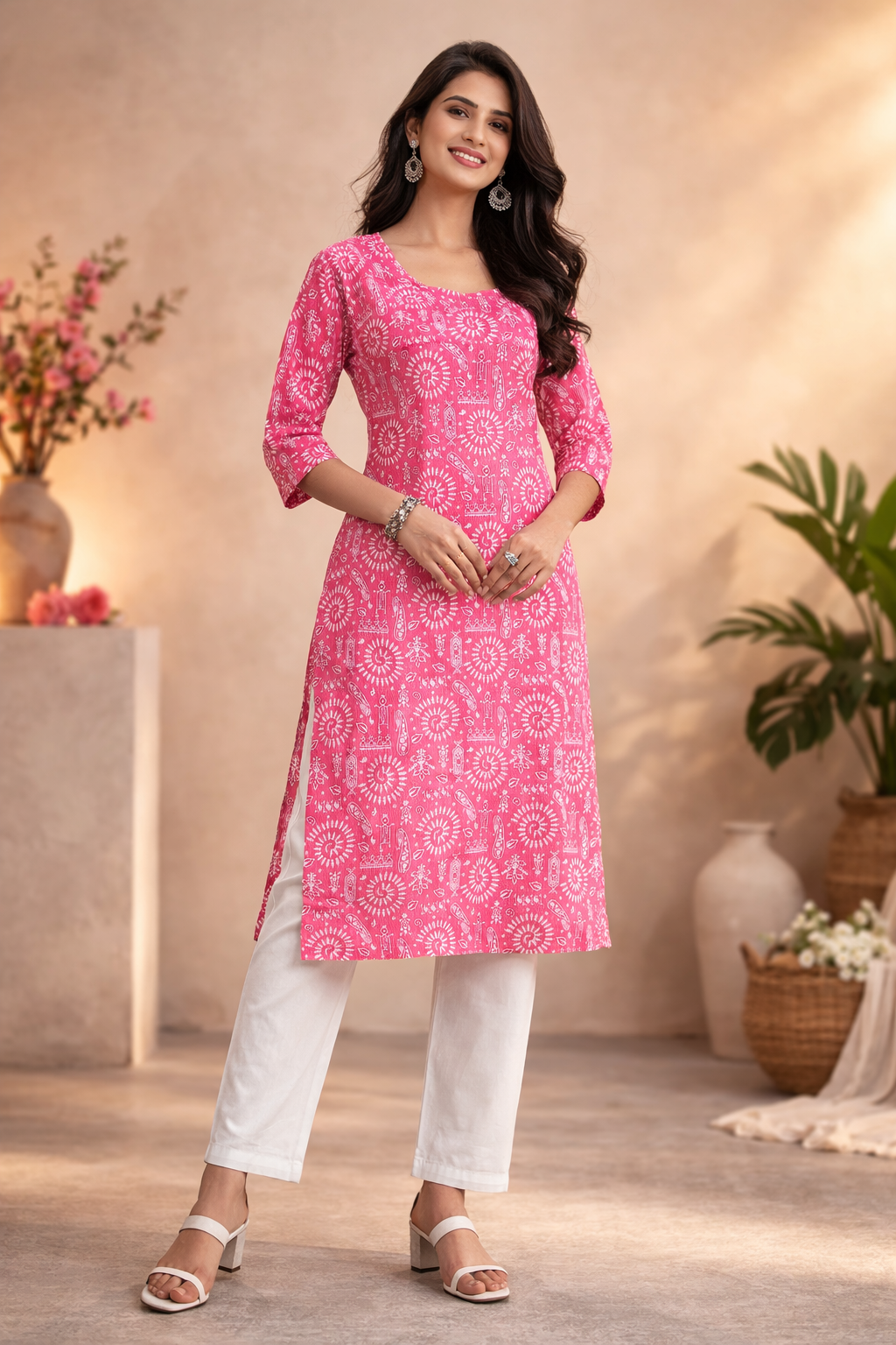 XL Size| Basic Cotton Ajrak Printed Kurti | Pink