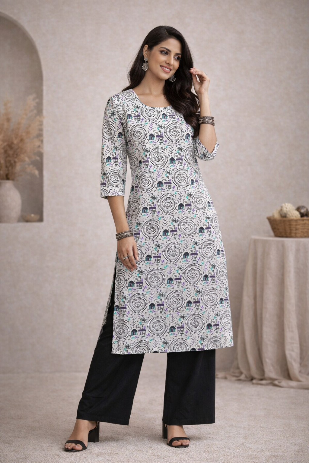 L Size| Basic Cotton Ajrak Printed Kurti | White