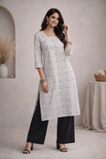 XL Size| Basic Cotton Ajrak Printed Kurti | White