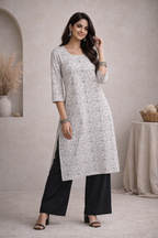 XL Size| Basic Cotton Ajrak Printed Kurti | White