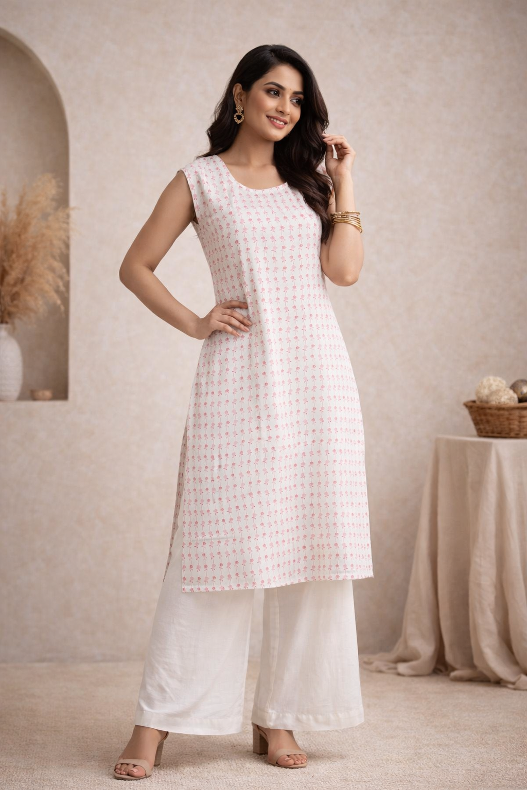 XL Size| Basic Cotton Printed Sleeveless Kurti | White