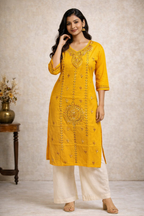 4XL Size|Cotton Katha Stitched V Neck Kurti | Yellow