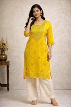 3XL Size|Cotton Katha Stitched Round Neck Kurti | Yellow