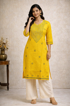 3XL Size|Cotton Katha Stitched Round Neck Kurti | Yellow