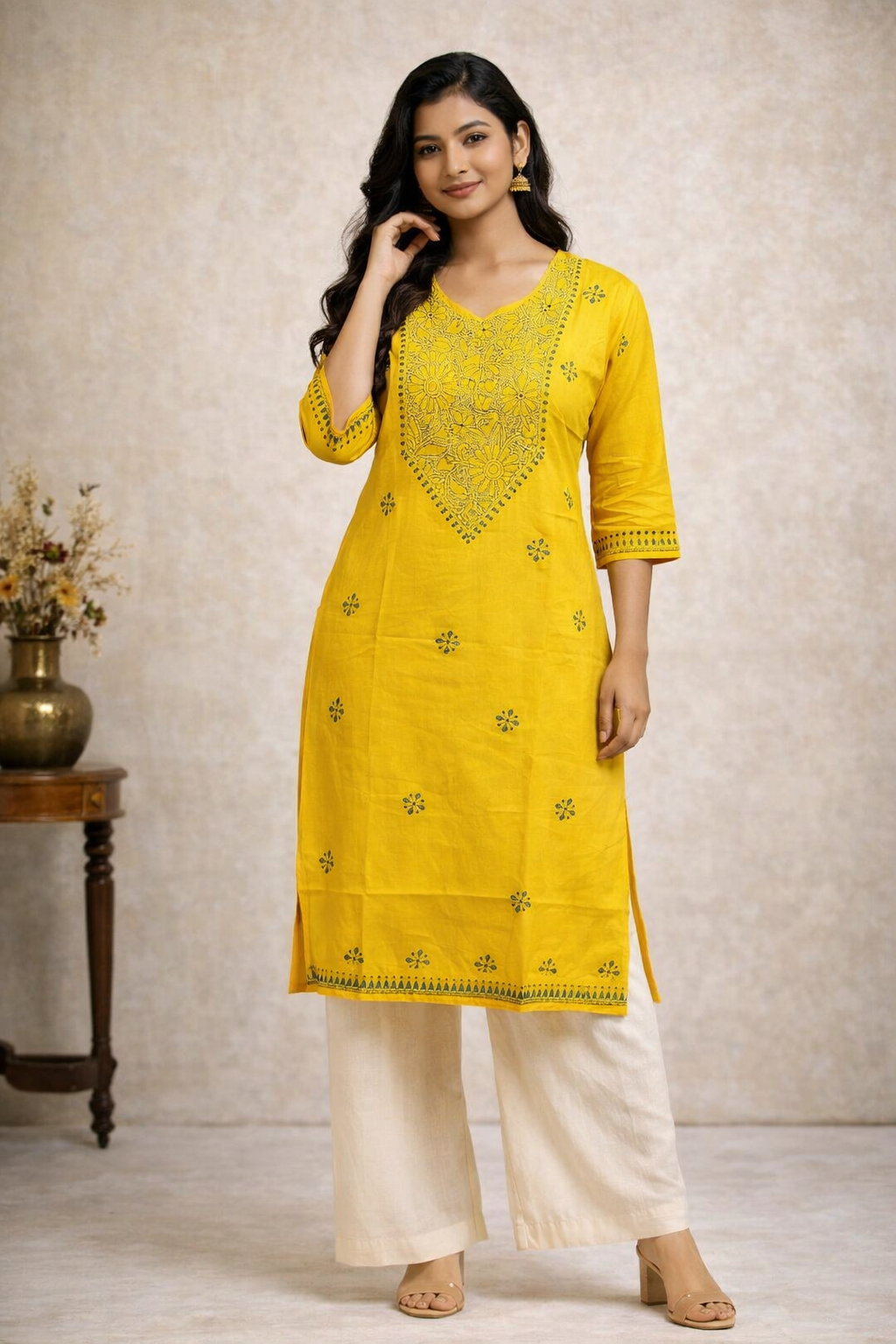 3XL Size|Cotton Katha Stitched Round Neck Kurti | Yellow
