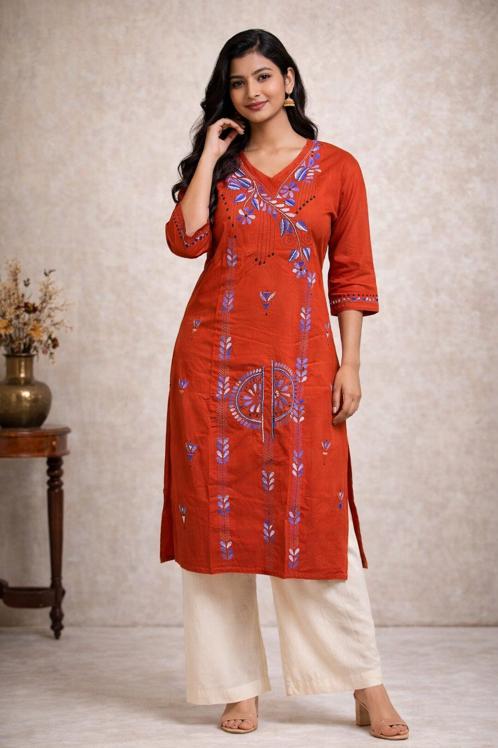 5XL Size|Cotton Katha Stitched V Neck Kurti | Rust