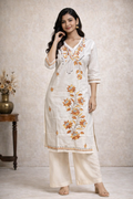 3XL Size|Cotton Katha Stitched V Neck Kurti | White
