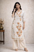 3XL Size|Cotton Katha Stitched V Neck Kurti | White