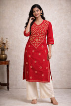3XL Size|Cotton Katha Stitched V Neck Kurti | Red
