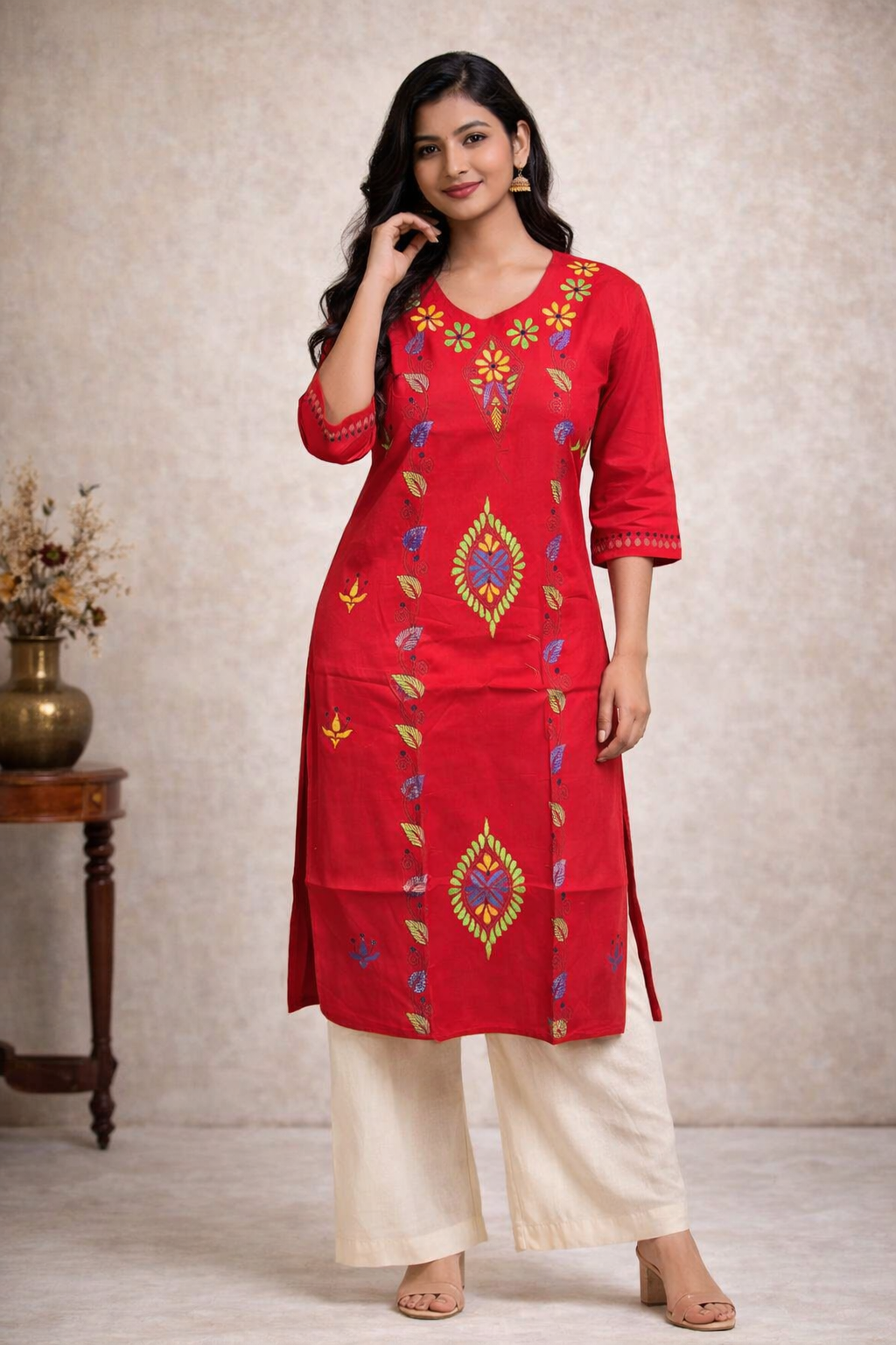 XXL Size|Cotton Katha Stitched V Neck Kurti | Red