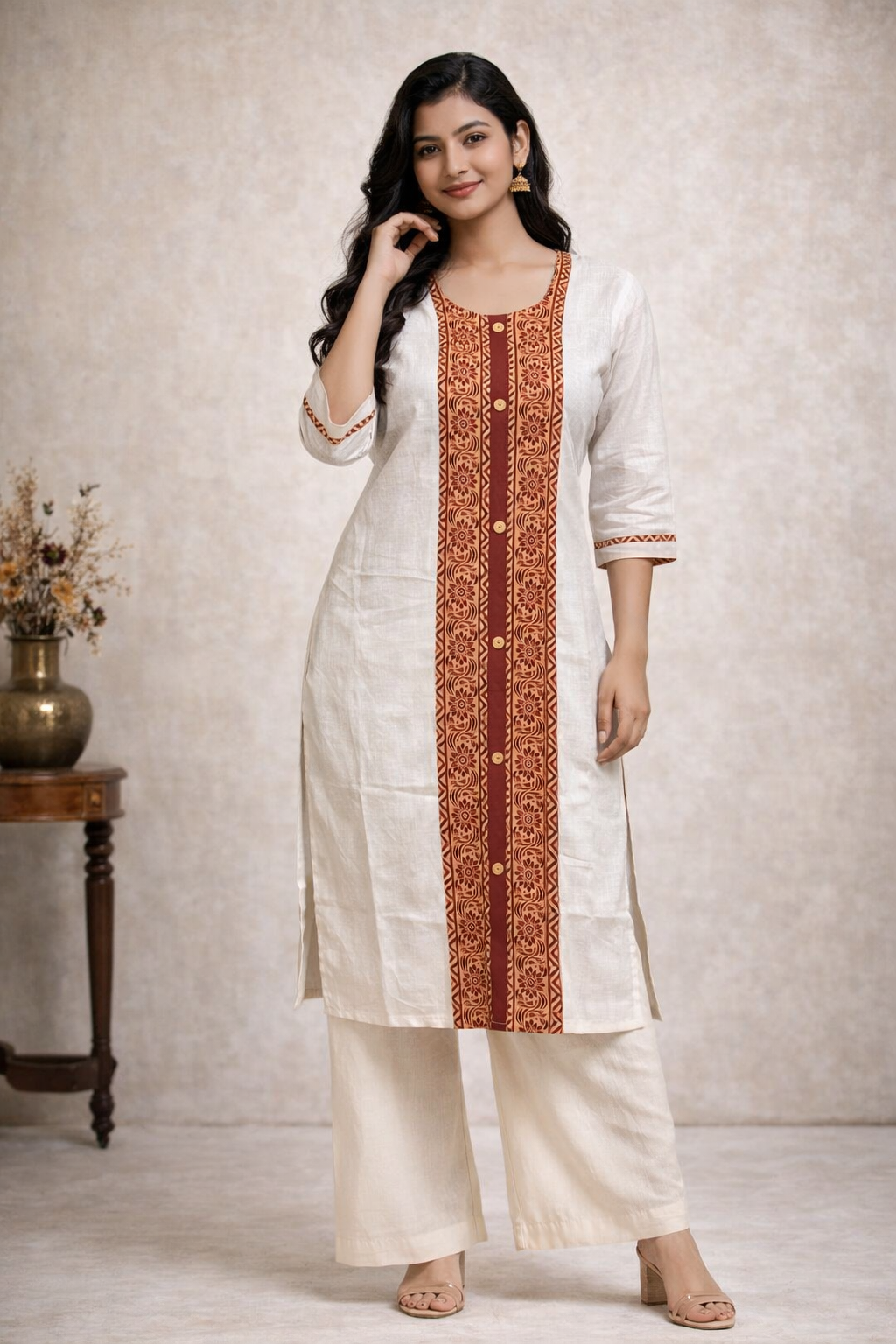 5XL Size|Cotton Ajrak Designer Kurti | White