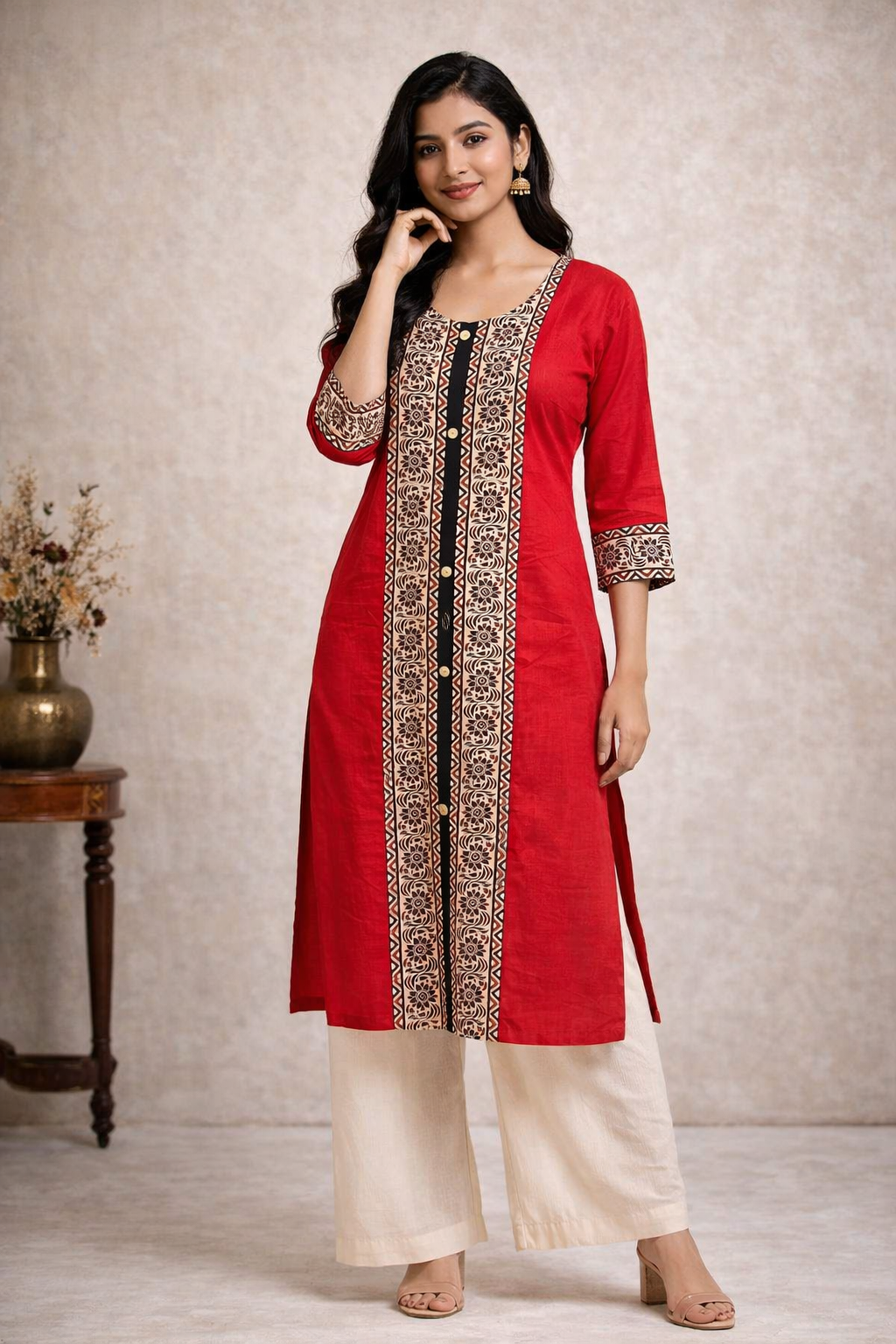 4XL Size|Cotton Ajrak Designer Kurti |Red