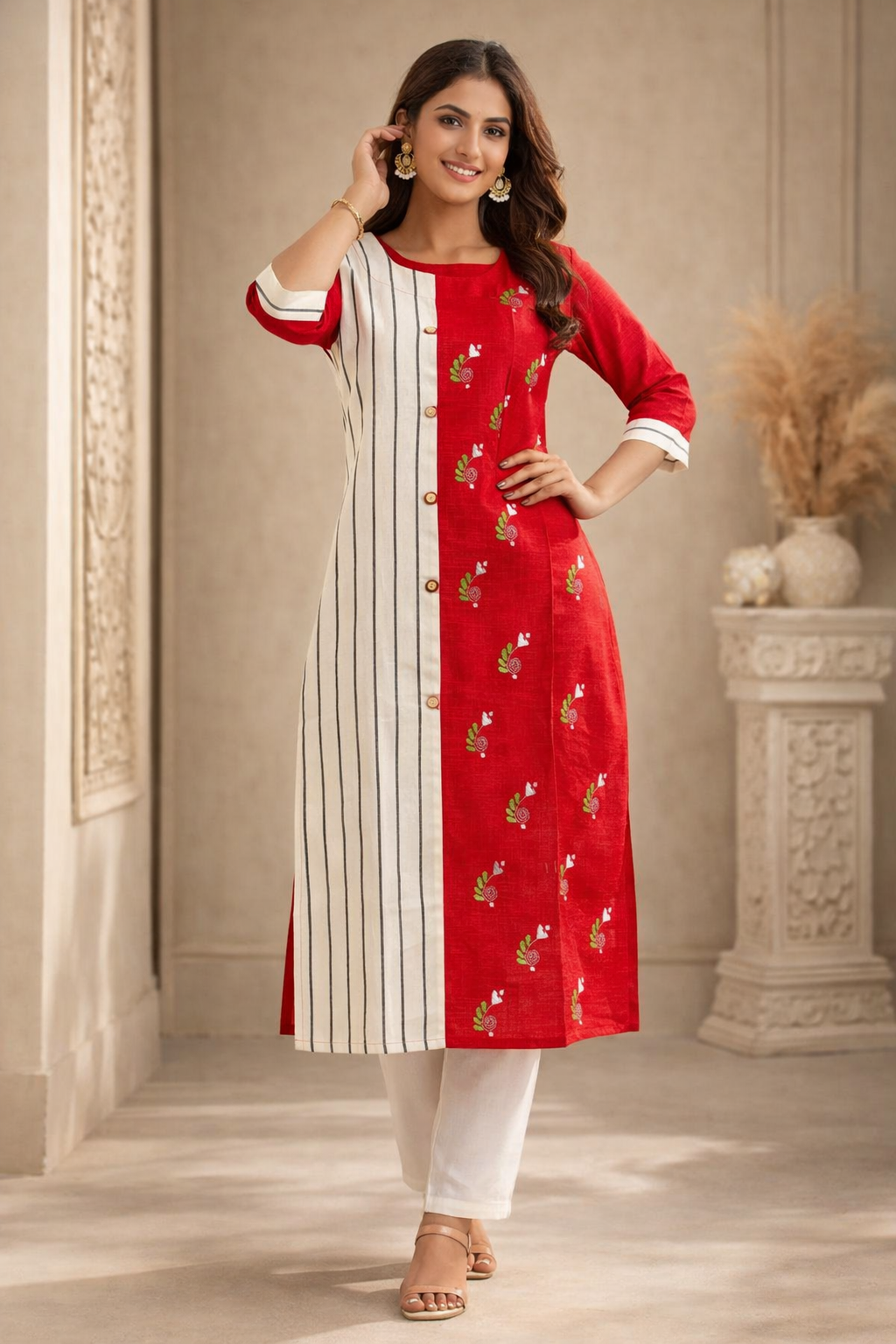XL Size|Cotton Stitched Designer Kurti | White and Red