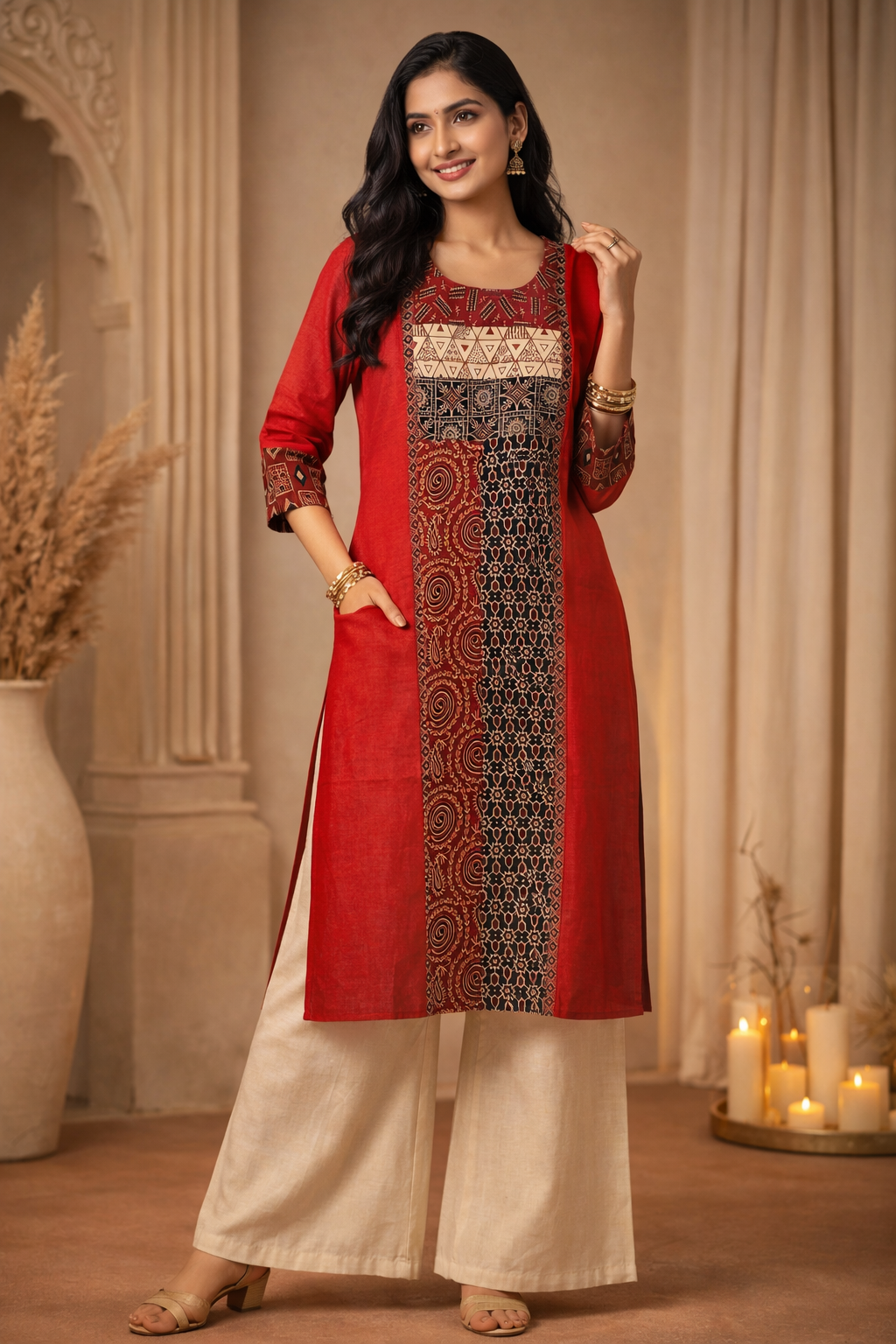 4XL Size|Cotton Ajrak Designer Kurti |Red