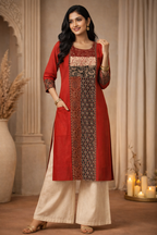 L Size|Cotton Ajrak Designer Kurti |Red