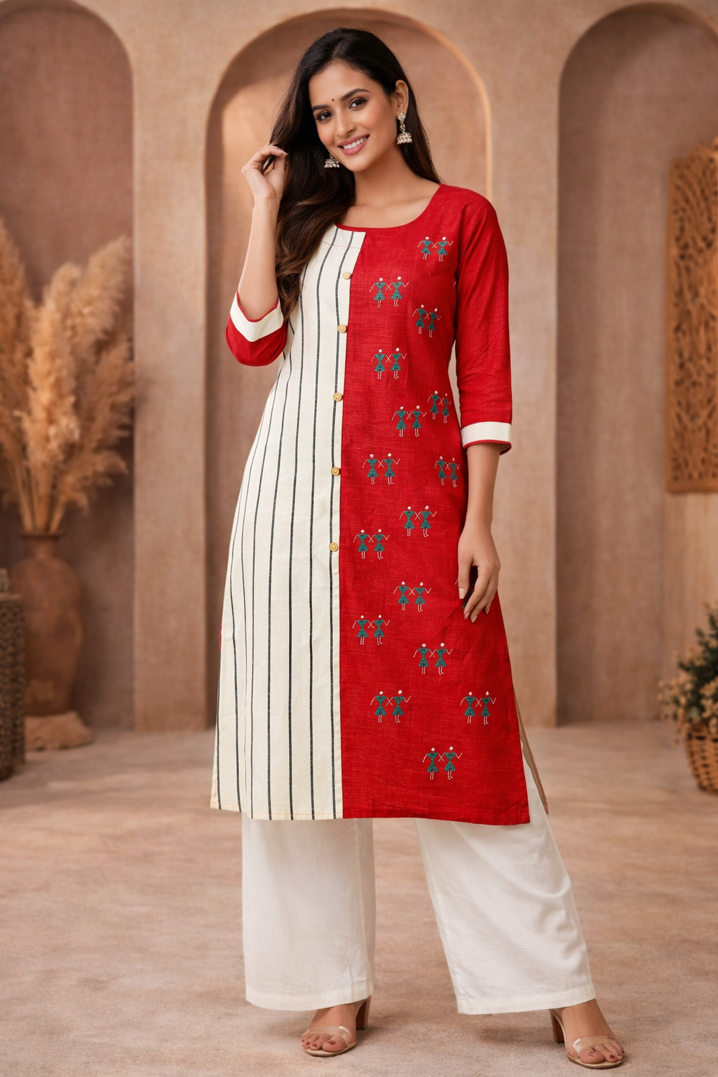 XL Size|Cotton Stitched Designer Kurti | white and Red