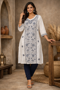 XXL Size|Cotton Katha Stitched V Neck Kurti | White