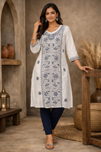 XXL Size|Cotton Katha Stitched V Neck Kurti | White