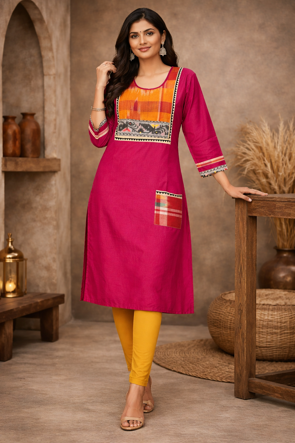 3XL Size| Cotton Stitched Designer Gamcha Jamdani Kurti | Rani