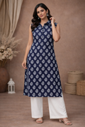 L Size| Pure Cotton Printed Sleeveless Kurti With Collar | Blue