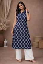 L Size| Pure Cotton Printed Sleeveless Kurti With Collar | Blue
