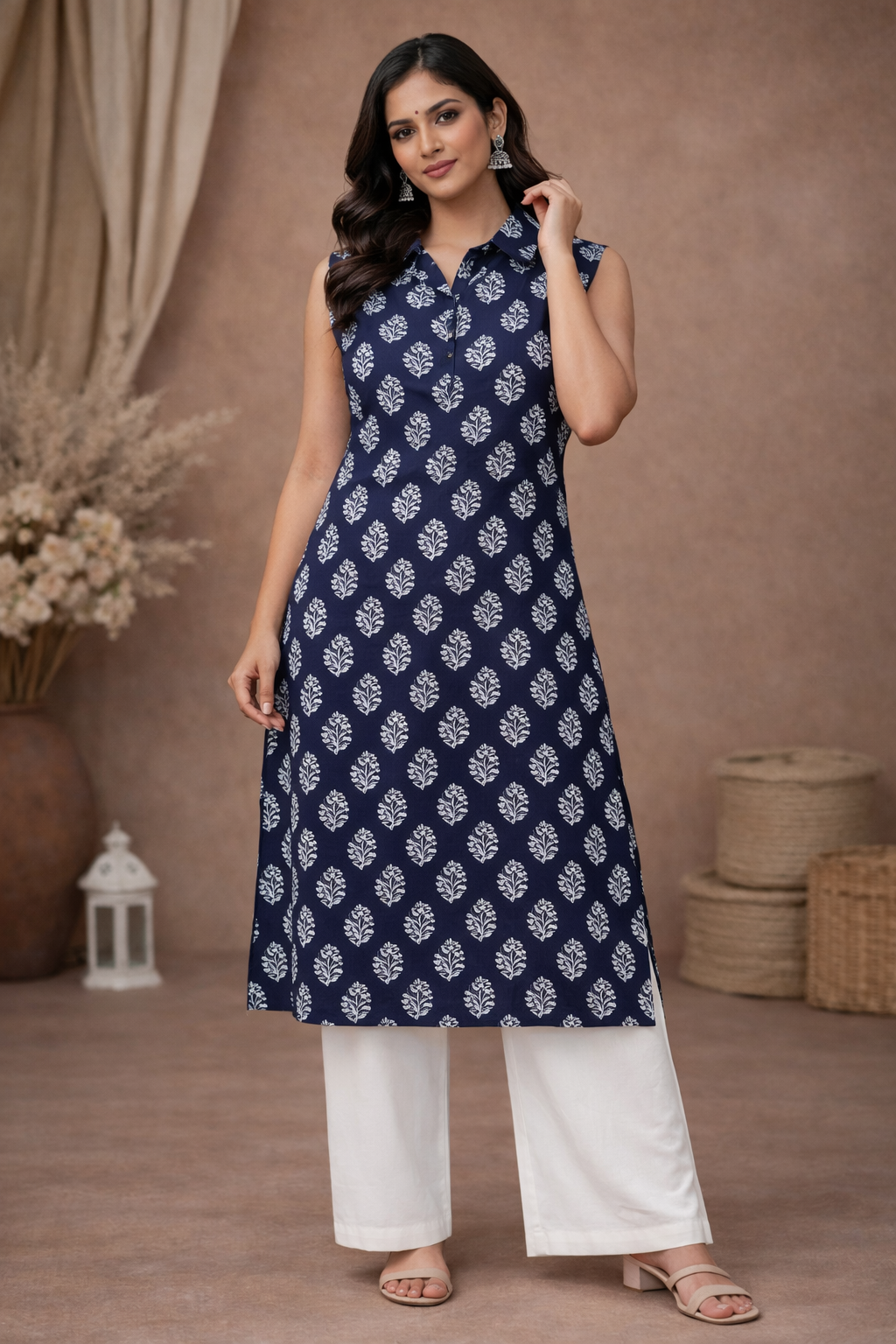 L Size| Pure Cotton Printed Sleeveless Kurti With Collar | Blue