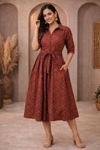 L Size| Cotton Azrak Printed Frock Pattern Collar Gown/one piece| Red