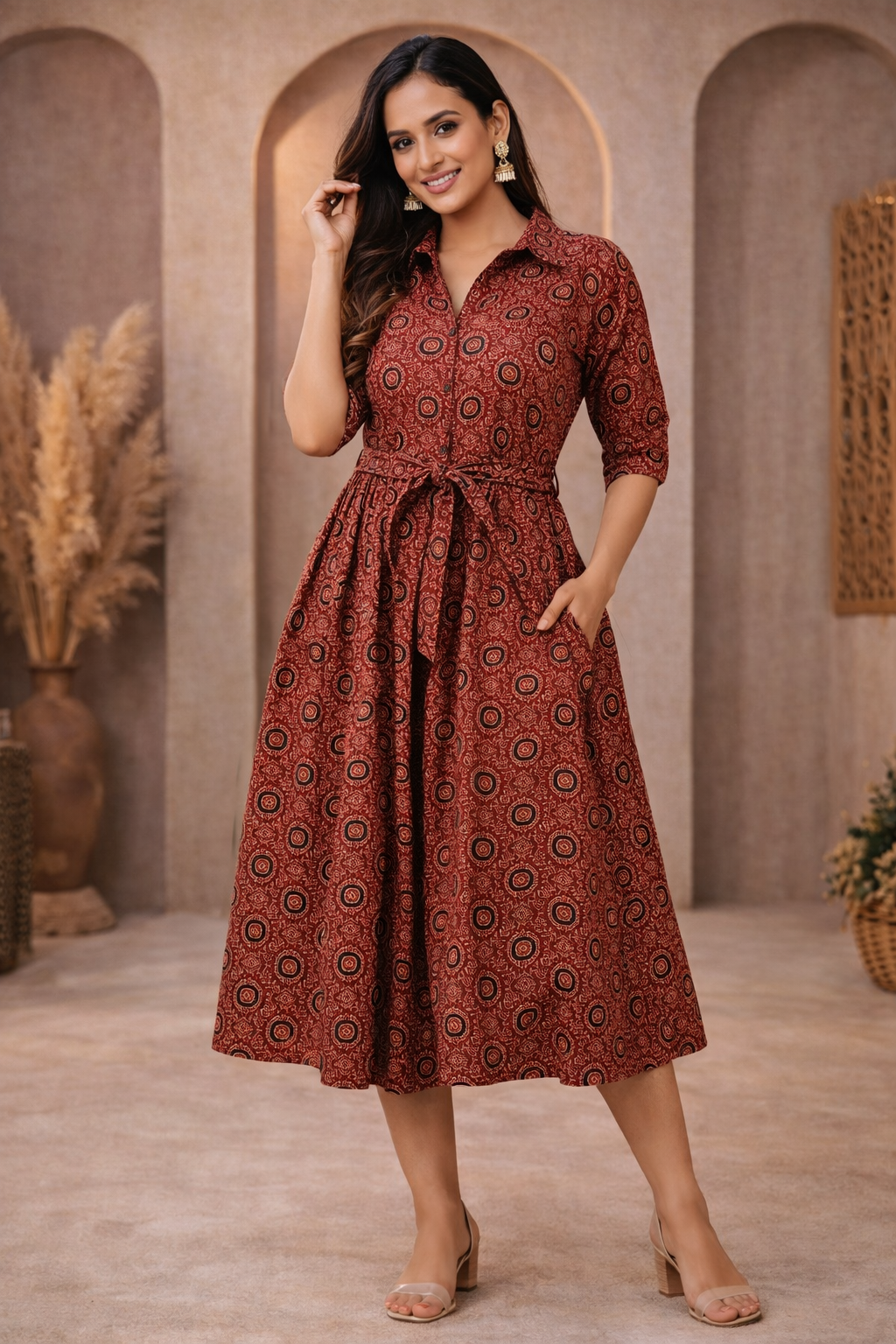 L Size| Cotton Azrak Printed Frock Pattern Collar Gown/one piece| Red