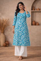 L Size| Basic Cotton Printed Kurti | Blue