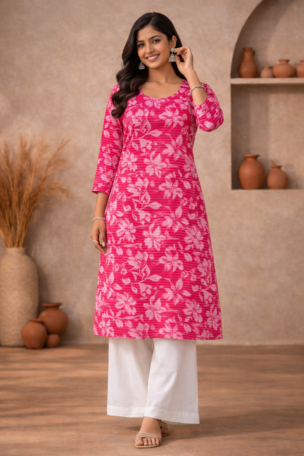 L Size| Basic Cotton Printed Kurti | Pink
